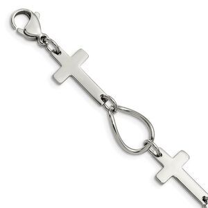 Polished Stainless Steel Sideways Cross Link Bracelet, 7.75 Inch
